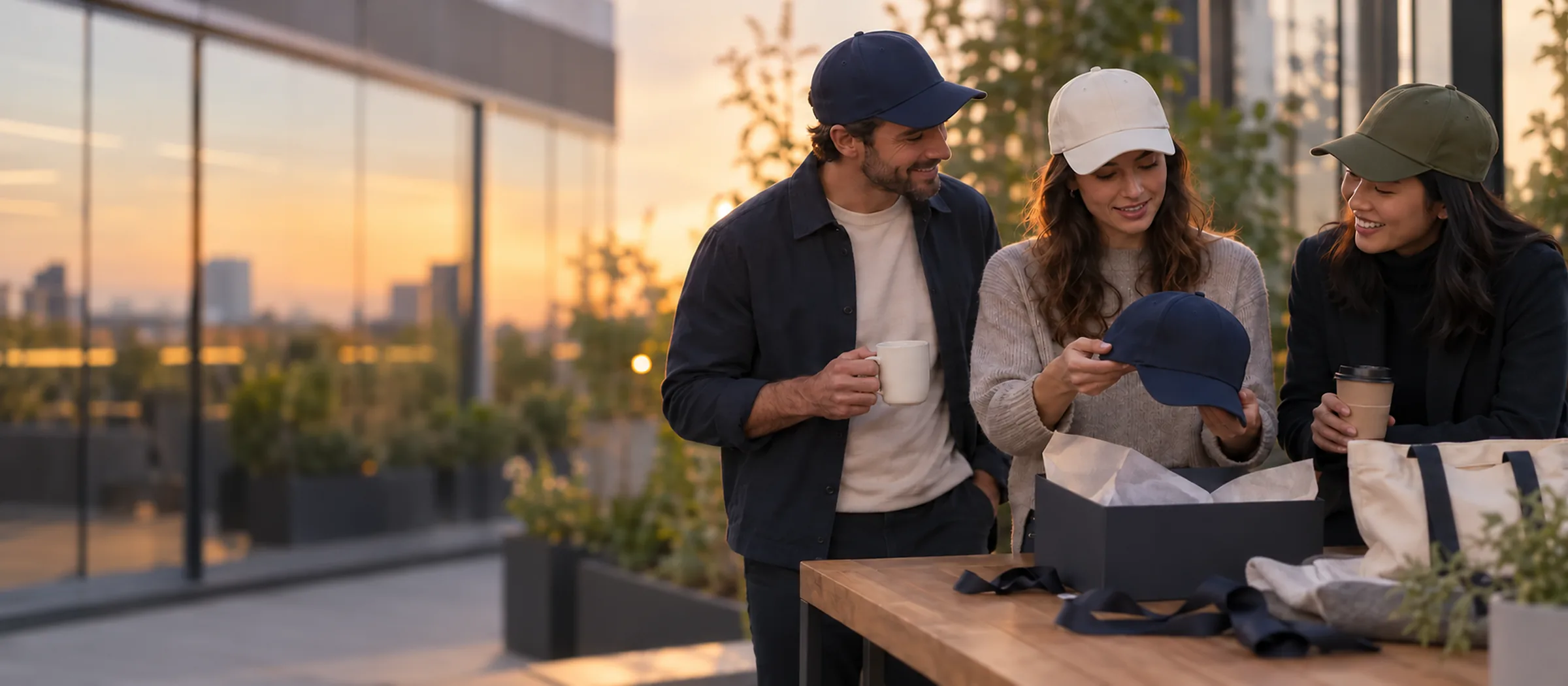 Illustrative corporate team opening a custom cap gift set on an office terrace