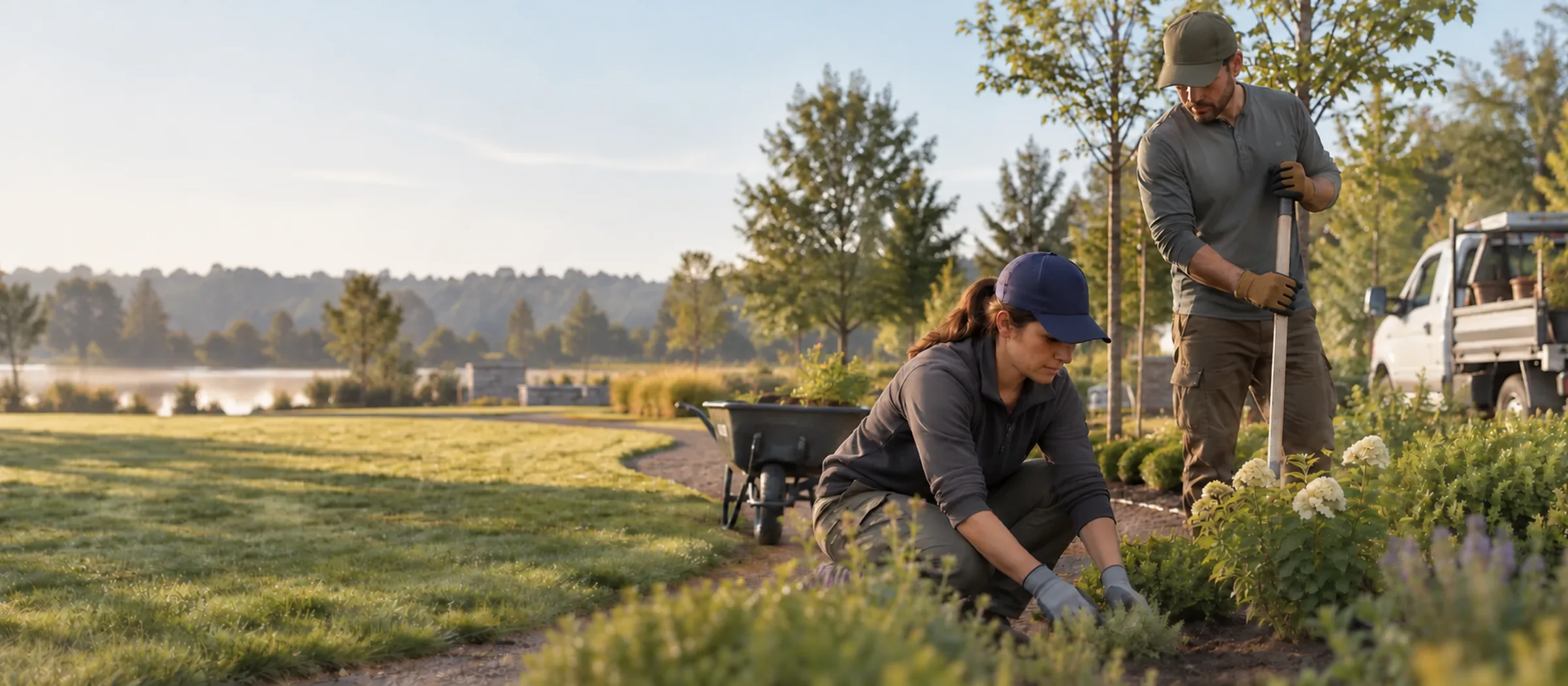 Illustrative landscaping crew wearing custom caps on a planting site